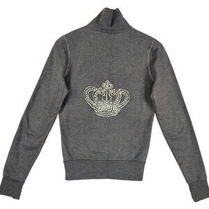 Twisted Heart Womens SZ M Y2K Zip Up Sweatshirt Jacket Bling Crown Baddie Gray